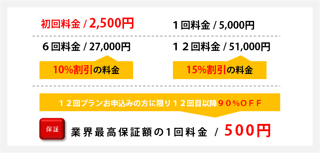 Oライン脱毛の回数別料金説明、初回2500円・通常1回5,000円・6回27,000円・12回51,000円でさらに12回プランは安心の保証付きになります。保証料金は12回目以降90%割引きの1回500円でOラインの脱毛を受けて頂くことができるため、毛が濃い男性には安心の保証プランになります。