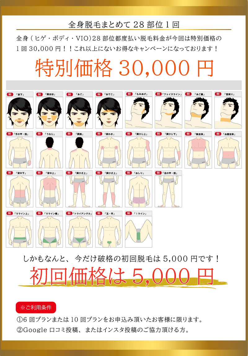 メンズ全身脱毛まとめて28部位1回30,000円と京都で一番安いキャンペーン。男性全身脱毛(ヒゲ・ボディ・VIO)28部位都度払い脱毛料金が今回は特別価格の1回30,000円！！これ以上にないお得なキャンペーンになっております！初回価格は5,000円。※ご利用条件①6回プランまたは10回プランをお申込み頂いたお客様に限ります。②Google口コミ投稿、またはインスタ投稿のご協力頂ける方。