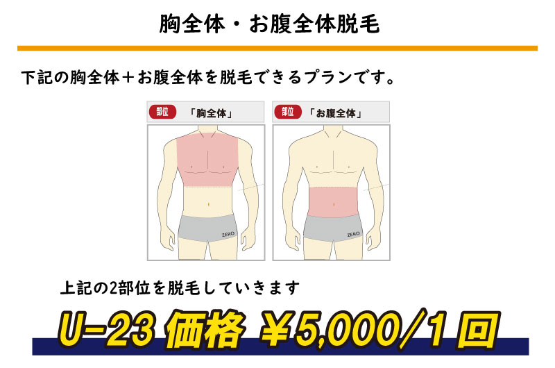 上記の2部位を脱毛していきます胸全体・お腹全体脱毛下記の胸全体＋お腹全体を脱毛できるプランです。U-23価格 ￥5,000/1回