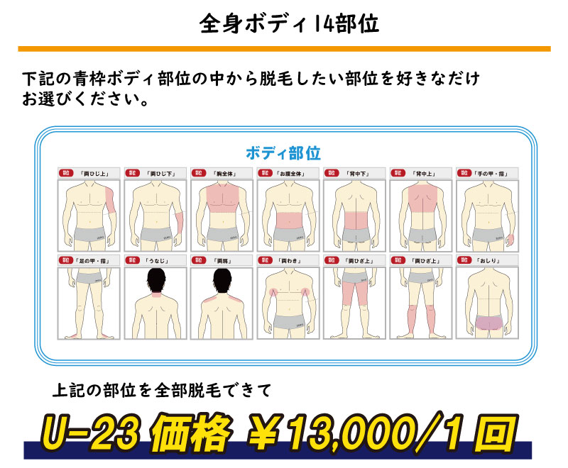 上記の部位を全部脱毛できて全身ボディ14部位下記の青枠ボディ部位の中から脱毛したい部位を好きなだけ お選びください。U-23価格 ￥13,000/1回