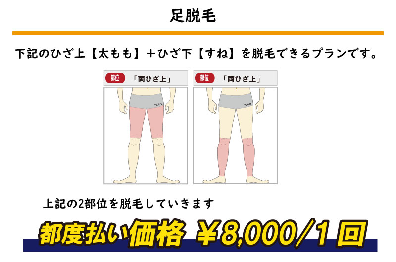 上記の2部位を脱毛していきます足脱毛下記のひざ上【太もも】＋ひざ下【すね】を脱毛できるプランです。都度払い価格 ￥8,000/1回部位「両ひざ上」ZERO部位「両ひざ上」ZERO