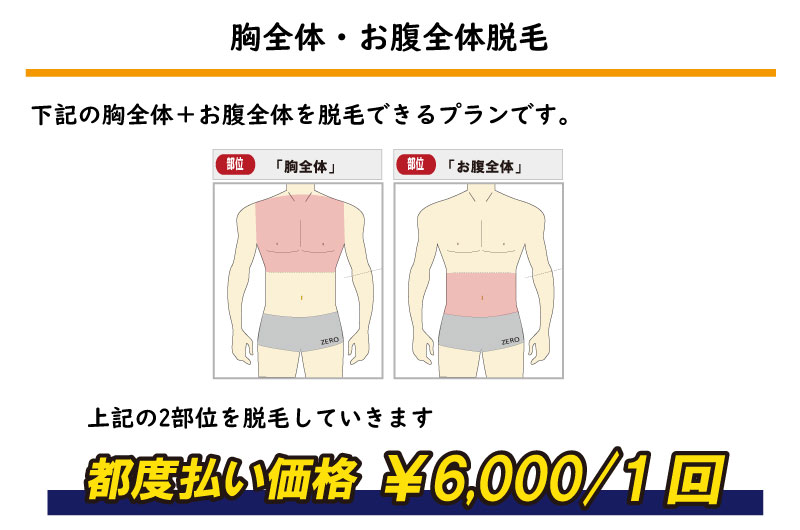 上記の2部位を脱毛していきます胸全体・お腹全体脱毛下記の胸全体＋お腹全体を脱毛できるプランです。都度払い価格 ￥6,000/1回