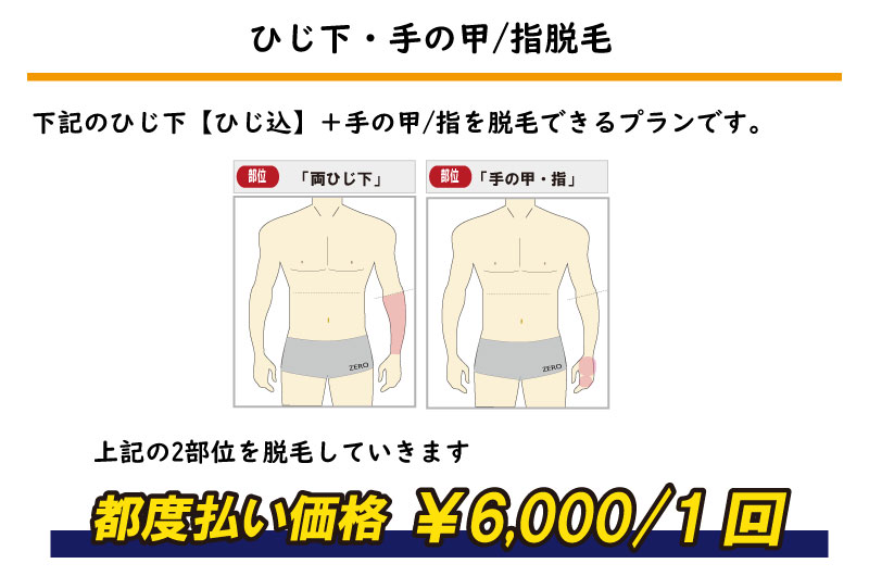 上記の2部位を脱毛していきます胸全体・お腹全体脱毛下記の胸全体＋お腹全体を脱毛できるプランです。都度払い価格 ￥6,000/1回