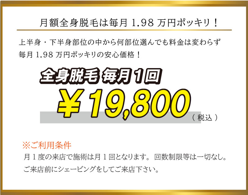 月1度の来店で施術は月1回となります。回数制限等は一切なし。 月額プランは料金設定をお安くしている為、次回分のお支払いを前払い 制となっております。またご来店前にシェービングをしてご来店下さい。※ご利用条件上半身・下半身部位の中から何部位選んでも料金は変わらず 毎月1.98万円ポッキリの安心価格! 月額全身脱毛は毎月1.98万円ポッキリ!